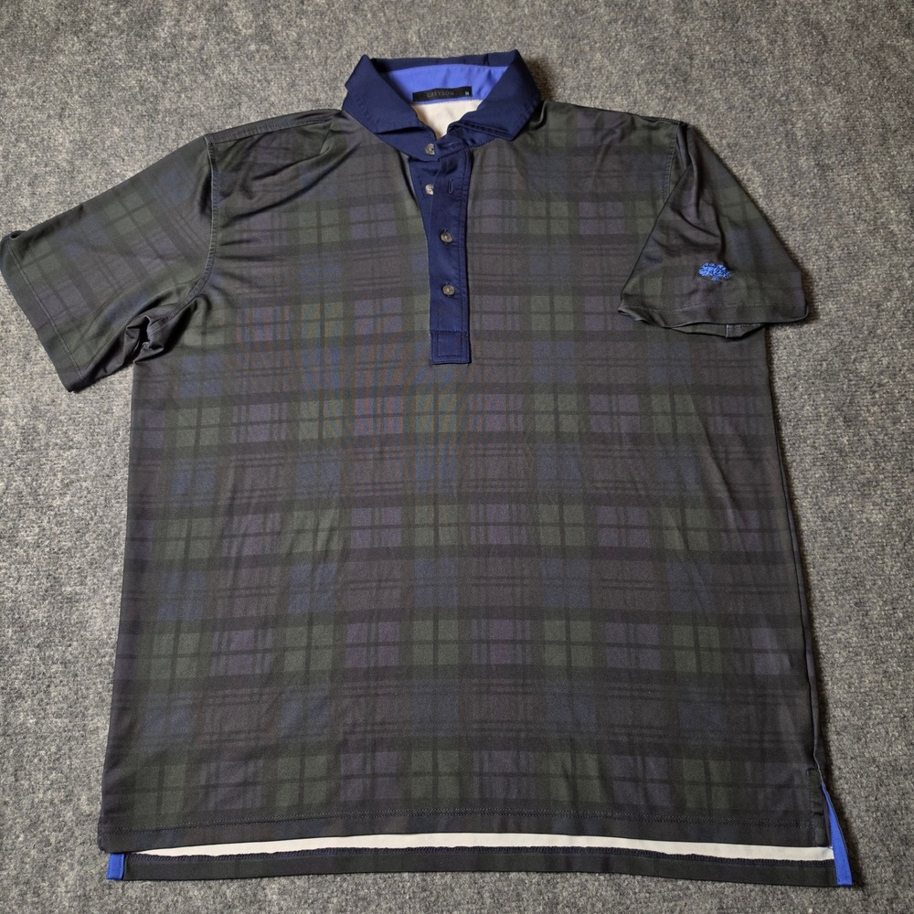 Greyson Mens Plaid Performance Golf Polo Shirt Navy Green Black Wolf Logo Size M